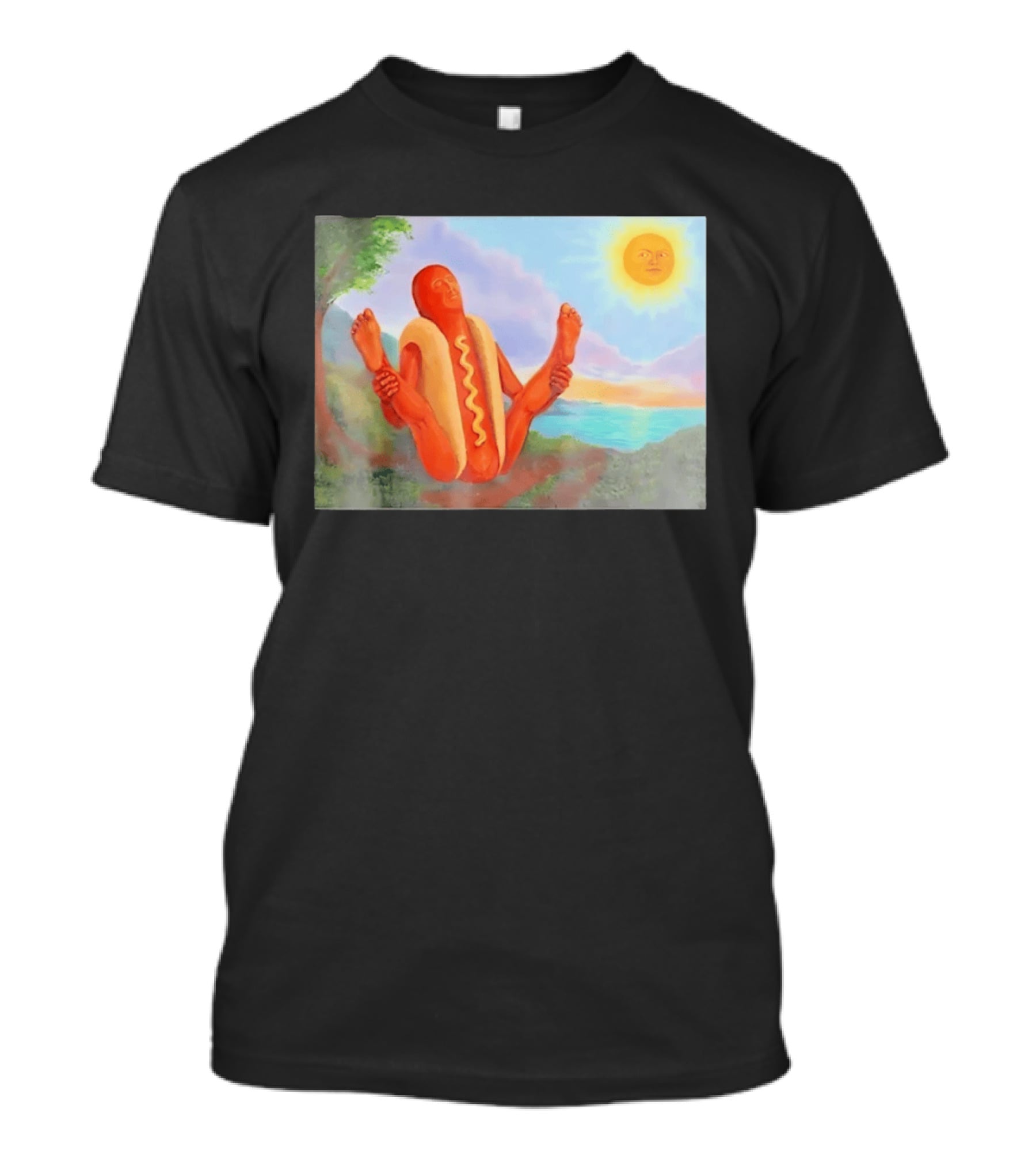 Surreal Hot Dog Doing Yoga At Sunrise With Smiling Sun T-Shirt