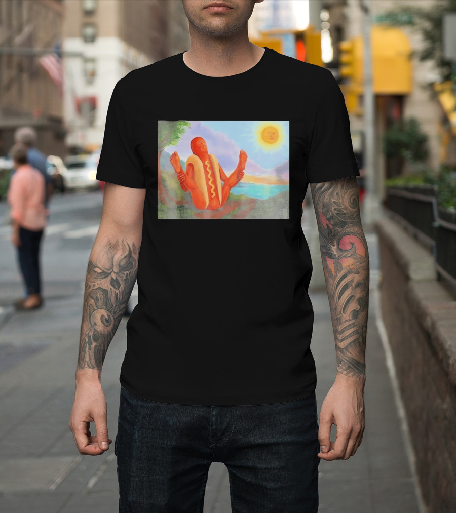Surreal Hot Dog Doing Yoga At Sunrise With Smiling Sun T-Shirt