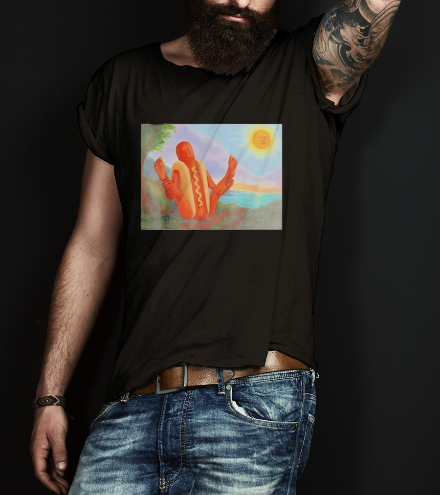 Surreal Hot Dog Doing Yoga At Sunrise With Smiling Sun T-Shirt