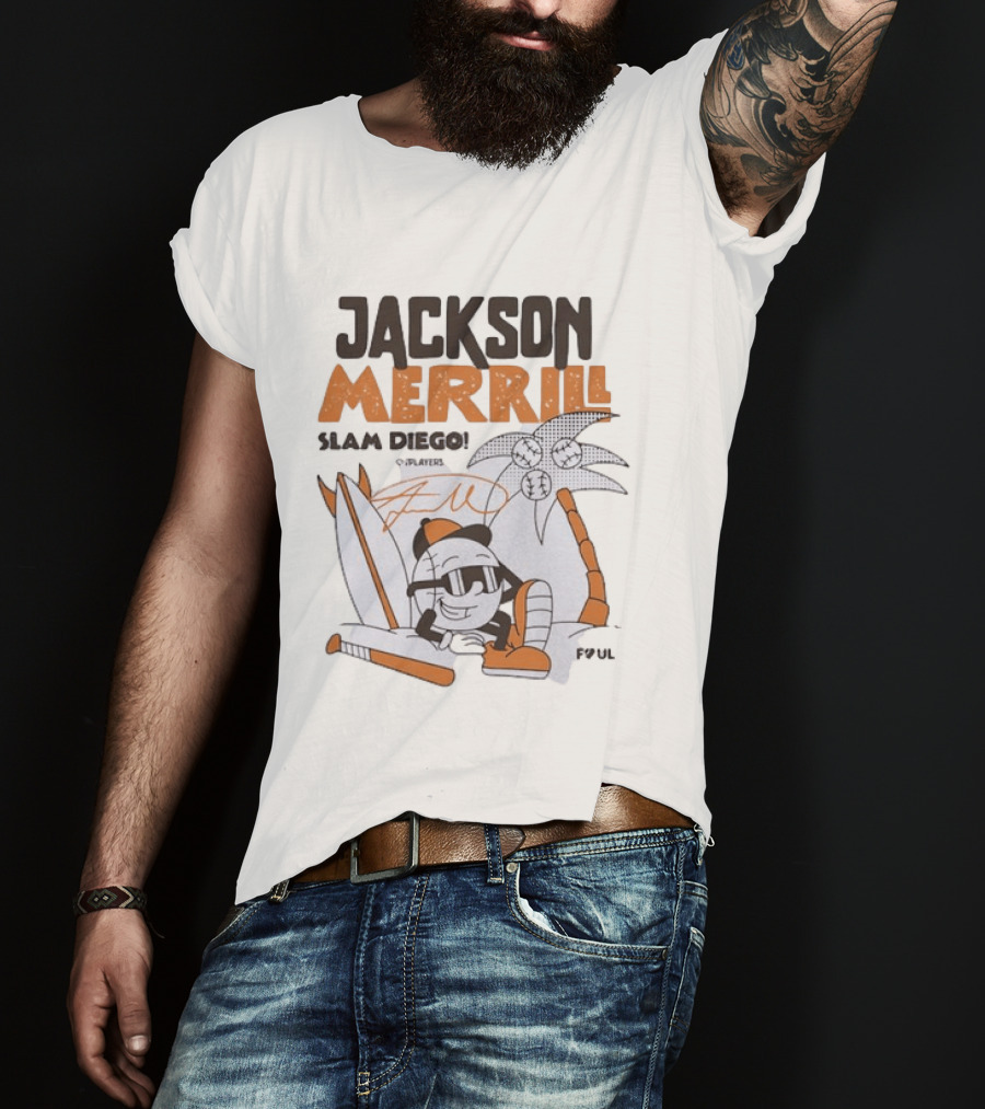 Jackson Merrill San Diego Padres Slam Diego Foul Territory Cartoon Baseball Palms T-Shirt