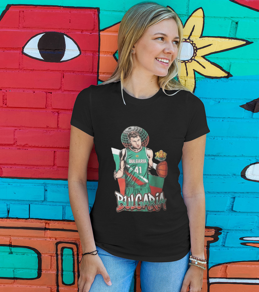 Bulgaria 41 Basketball Player Caricature Holding Ball Globe T-Shirt