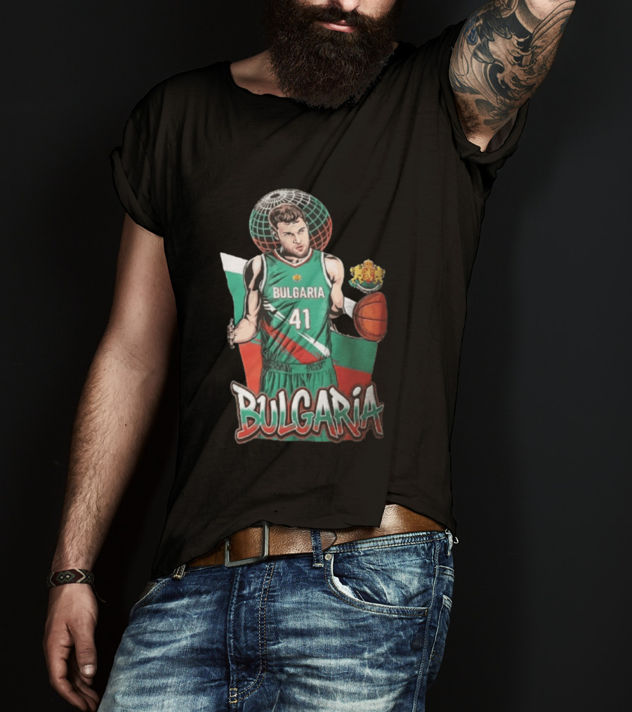 Bulgaria 41 Basketball Player Caricature Holding Ball Globe T-Shirt