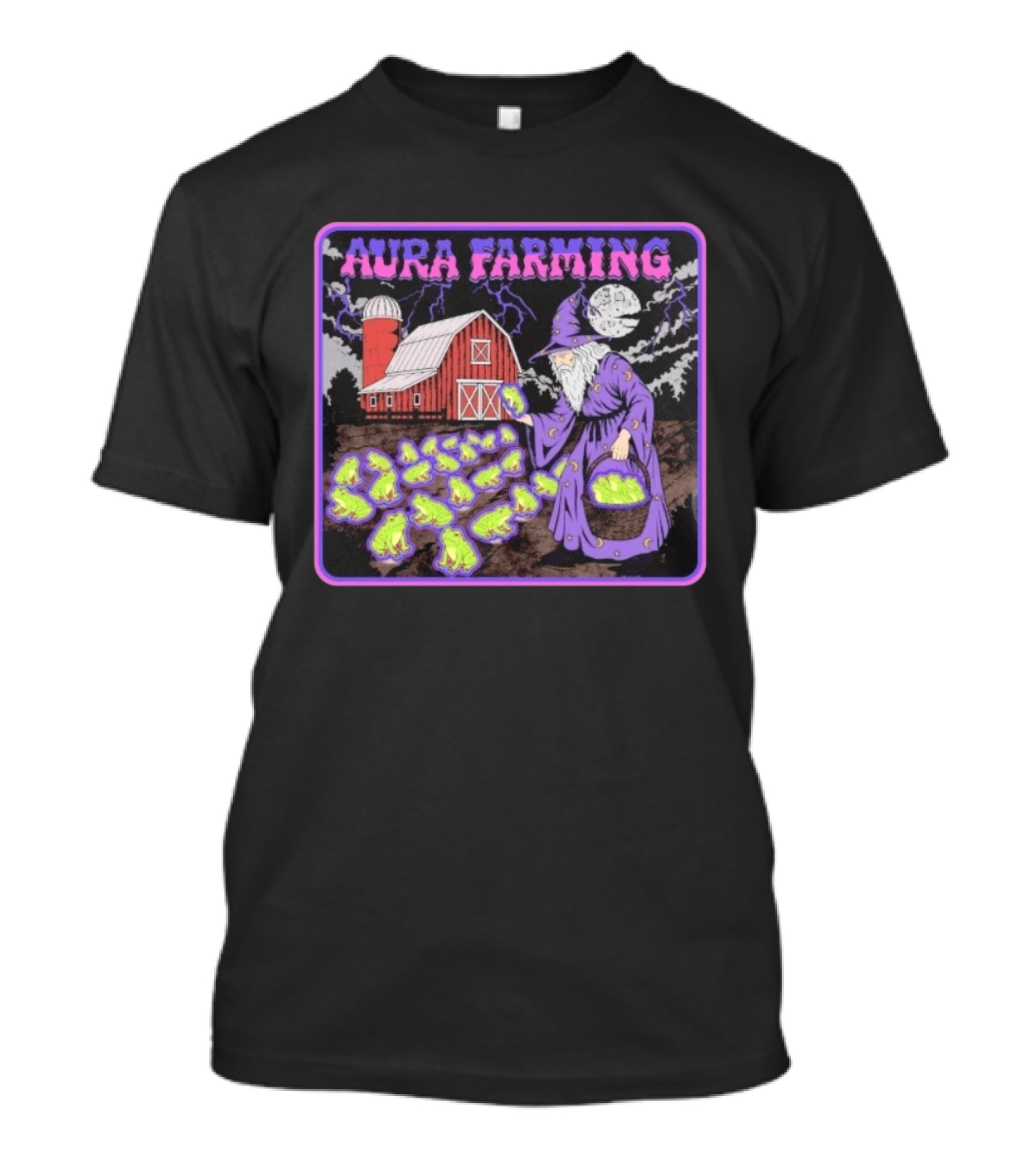 Aura Farming Moonlit Sorcerer Harvests Glowing Frogs Barn Wizard Magic T-Shirt