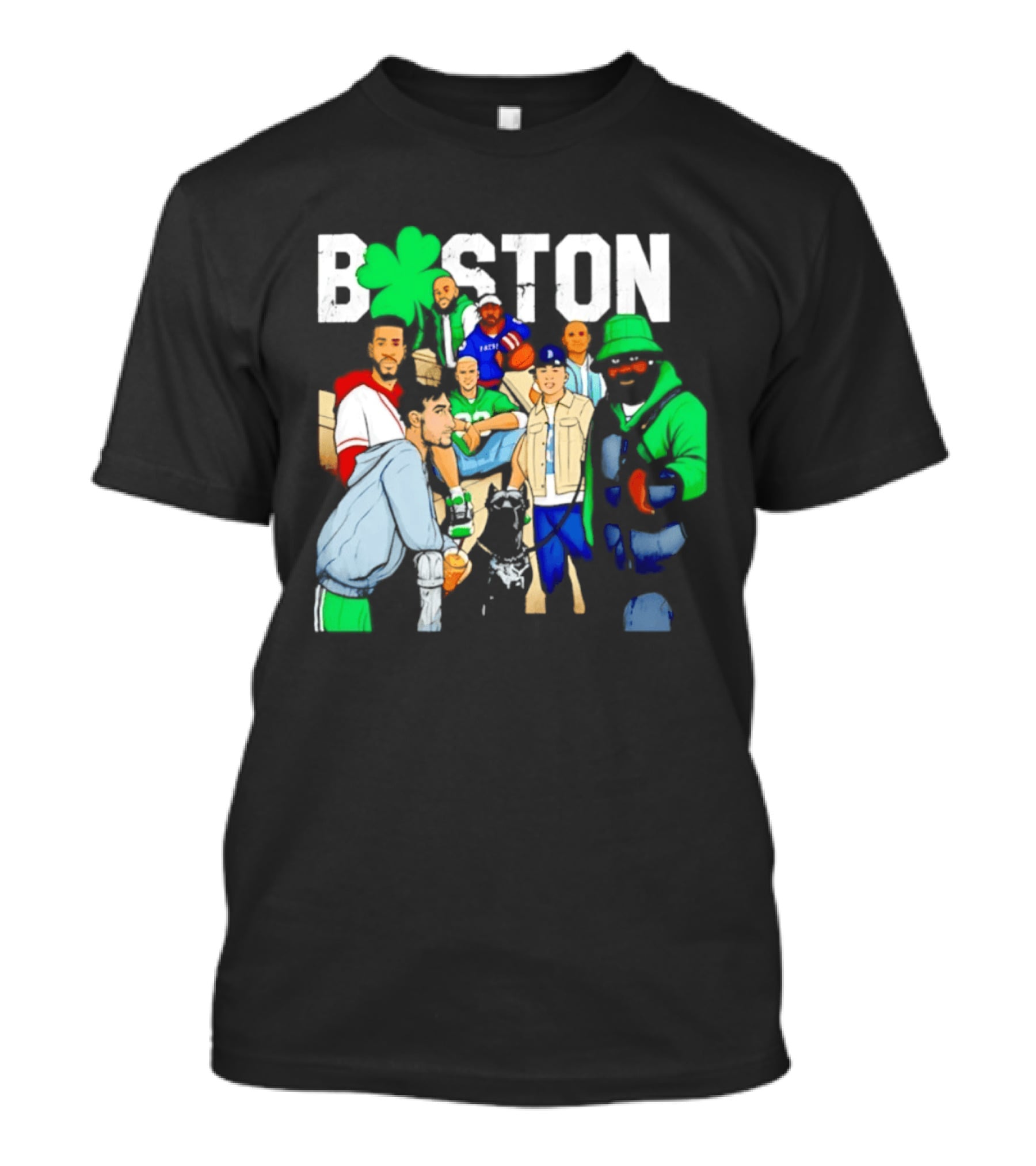 Boston Green Clover Sports Fan Characters Distressed Look T-Shirt
