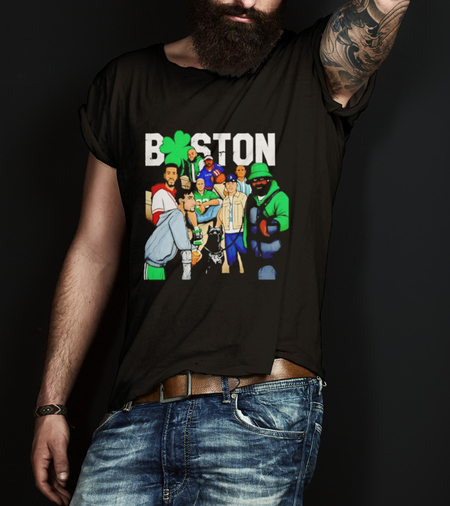 Boston Green Clover Sports Fan Characters Distressed Look T-Shirt
