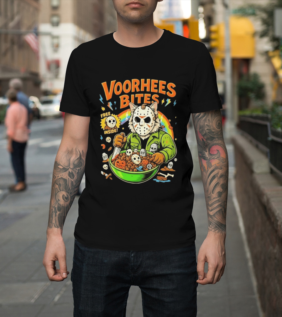 Voorhees Bites Jason Voorhees Cat Cereal Horror Mask Rainbow Feline Bowl Skeletons T-Shirt