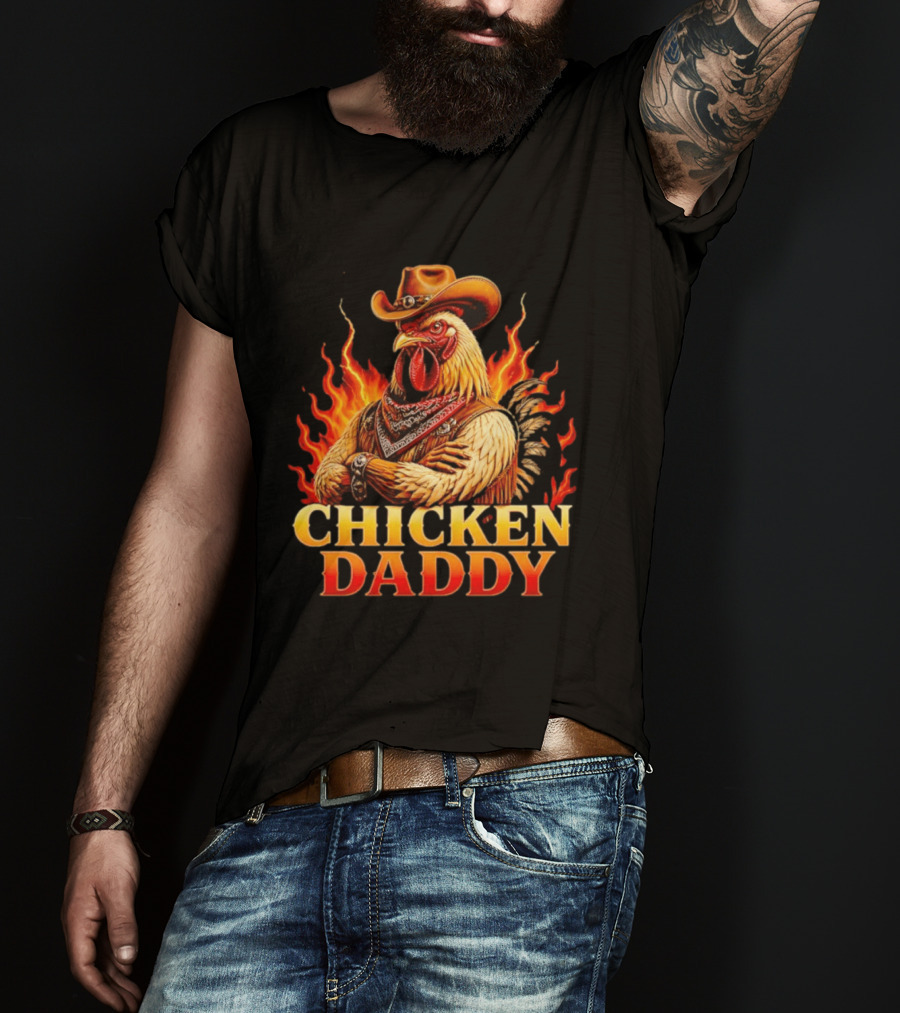 Chicken Daddy Cowboy Rooster With Flames And Bandana T-Shirt