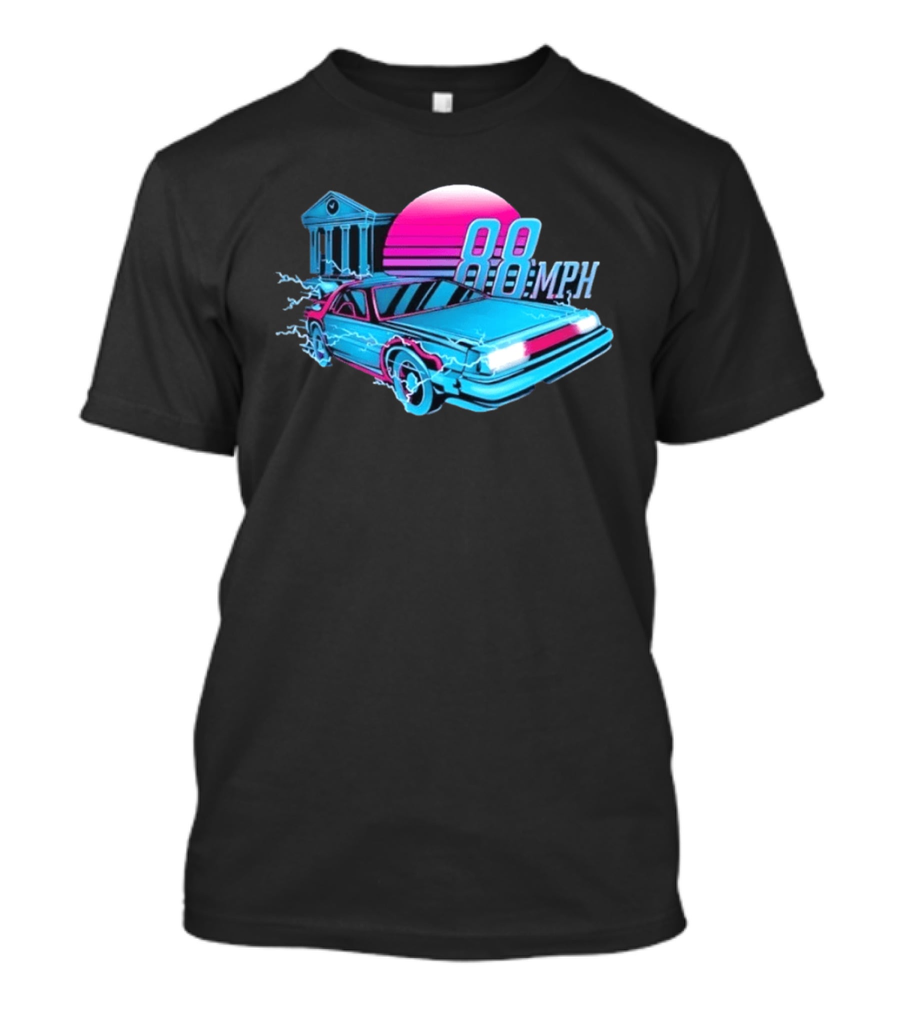 Back To The Future DeLorean 88 MPH Neon Style With Sunset And Tower T-Shirt