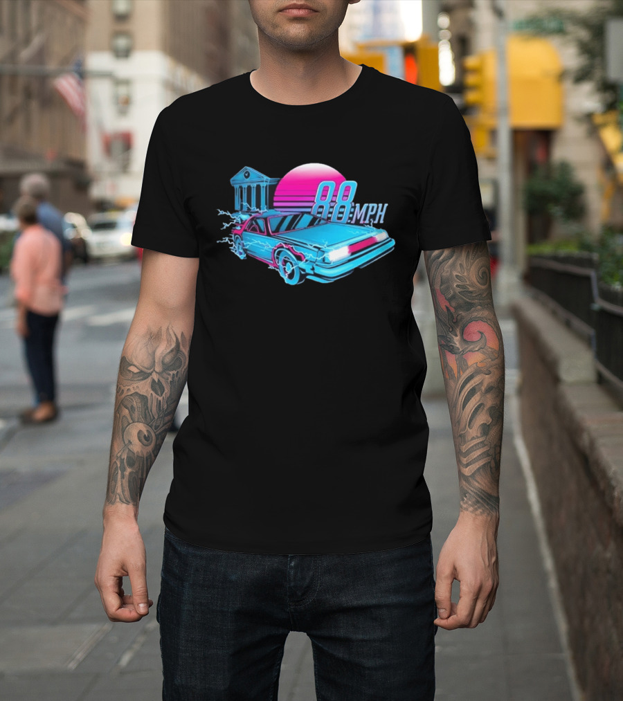 Back To The Future DeLorean 88 MPH Neon Style With Sunset And Tower T-Shirt