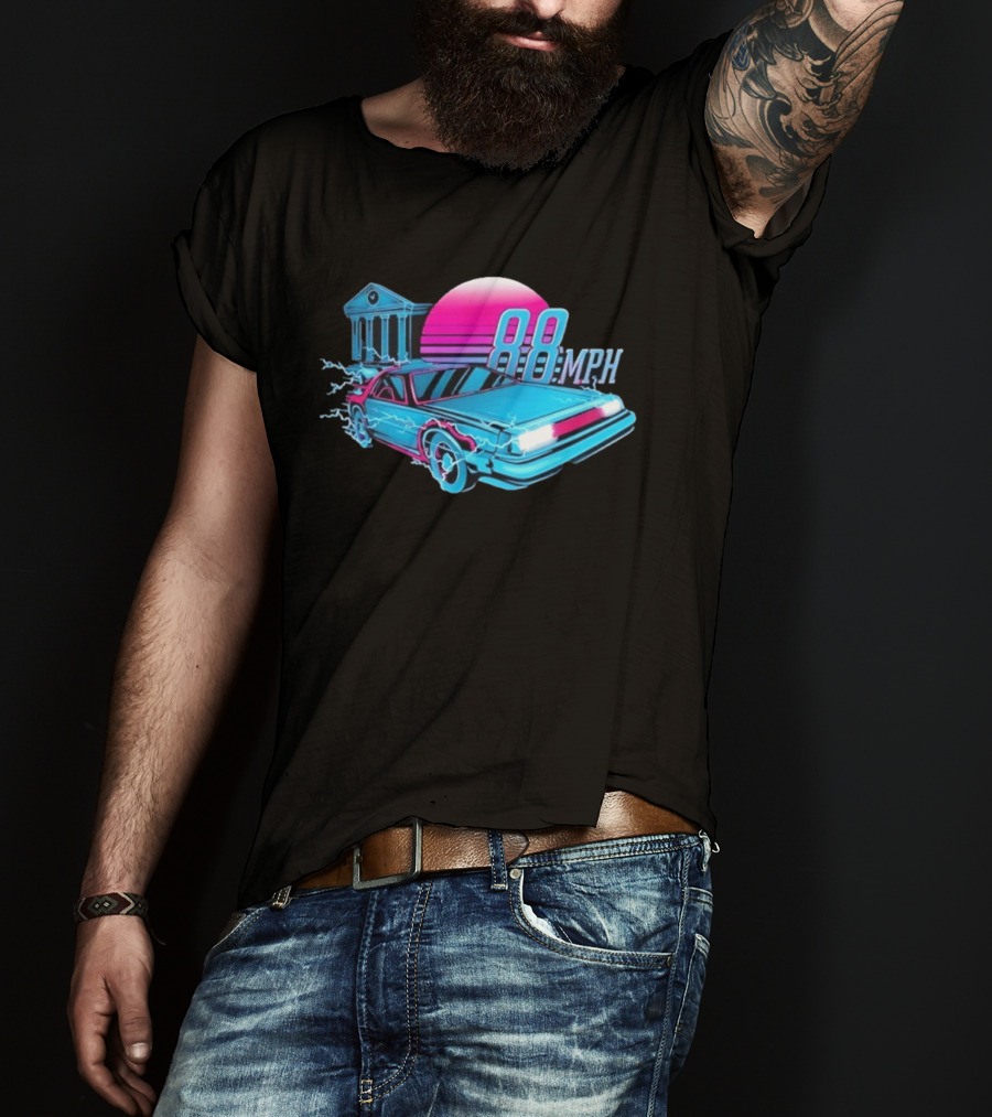 Back To The Future DeLorean 88 MPH Neon Style With Sunset And Tower T-Shirt