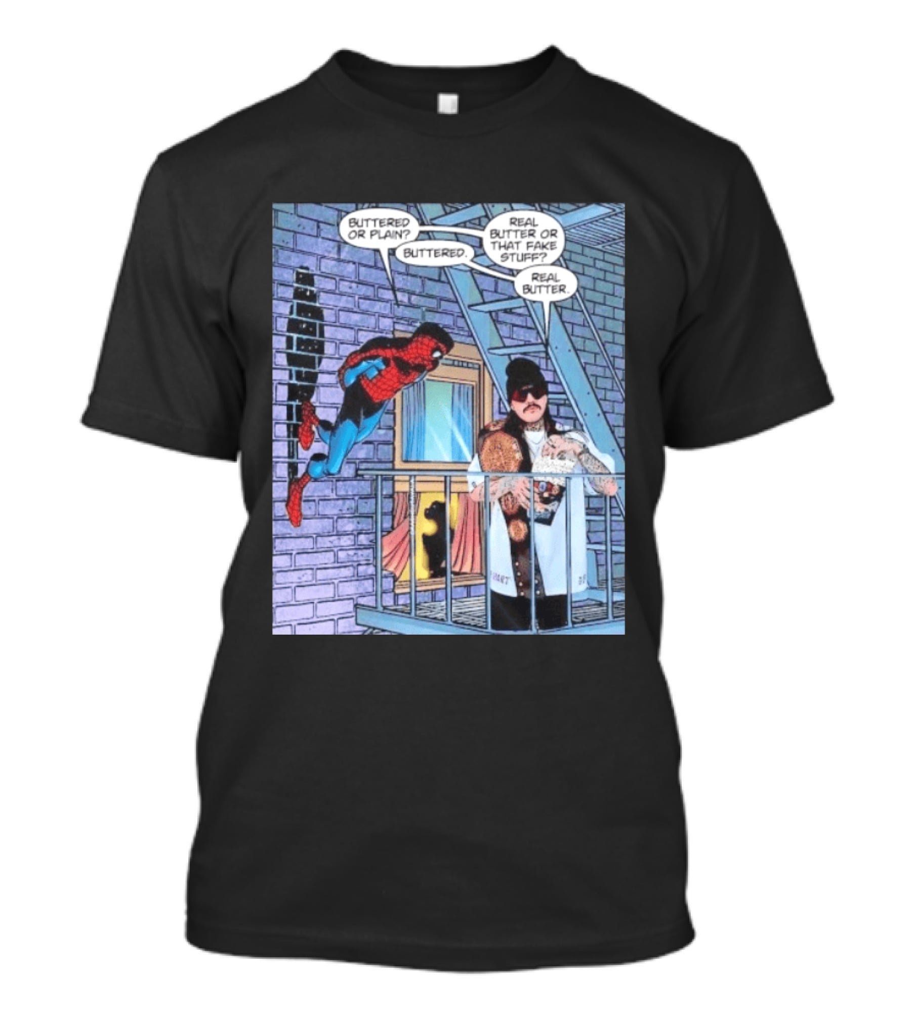 Spider Man Bret Hart Real Buttered Popcorn Balcony Scene T-Shirt