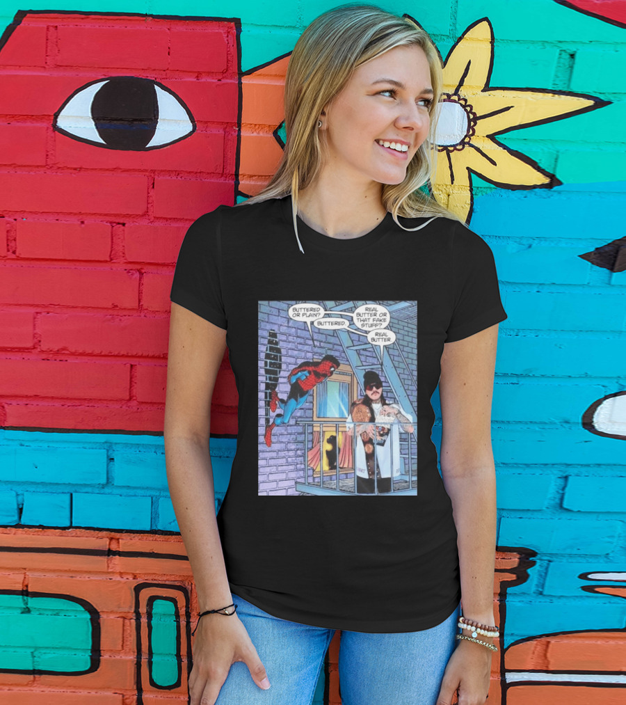 Spider Man Bret Hart Real Buttered Popcorn Balcony Scene T-Shirt