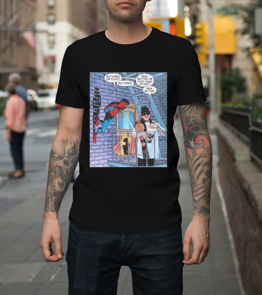 Spider Man Bret Hart Real Buttered Popcorn Balcony Scene T-Shirt