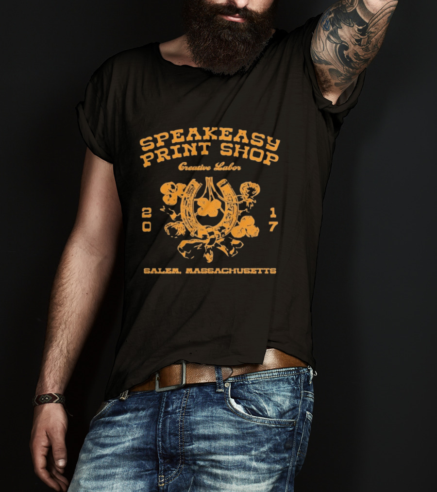 Speakeasy Print Shop Creative Labor Salem Massachusetts 2017 Horseshoe Floral T-Shirt