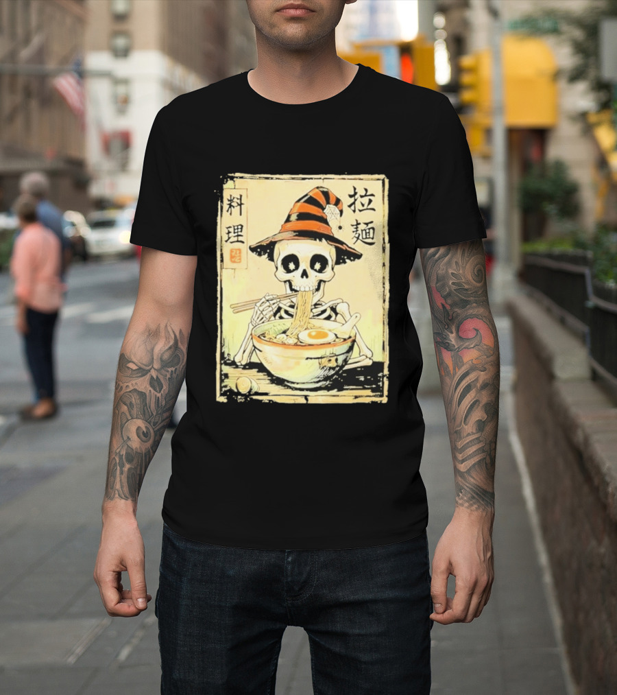 Witch Skeleton Eating Ramen With Japanese Kanji Characters T-Shirt