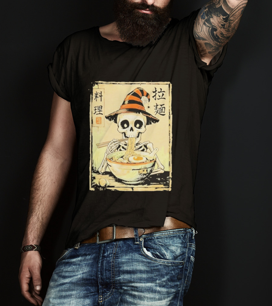 Witch Skeleton Eating Ramen With Japanese Kanji Characters T-Shirt