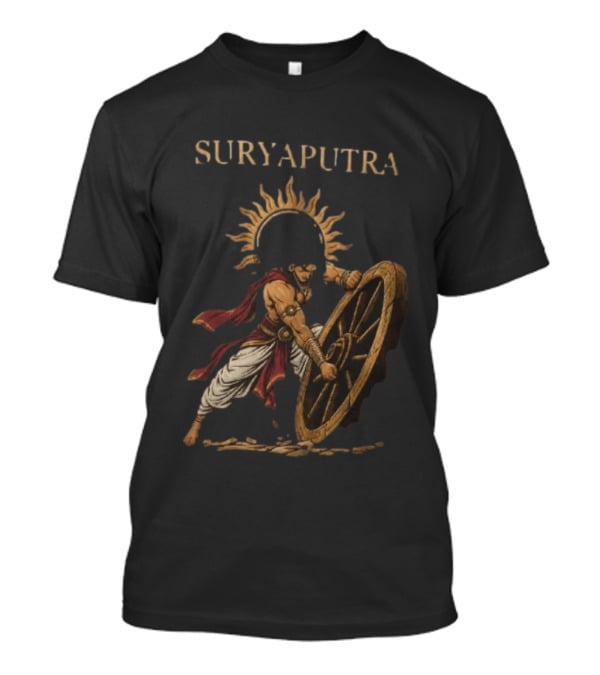 Karna Suryaputra Mahabharata Warrior Lifting Wooden Chariot Wheel With Sun Halo T-Shirt