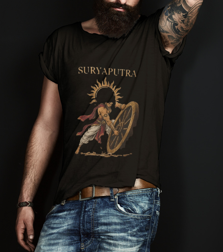 Karna Suryaputra Mahabharata Warrior Lifting Wooden Chariot Wheel With Sun Halo T-Shirt