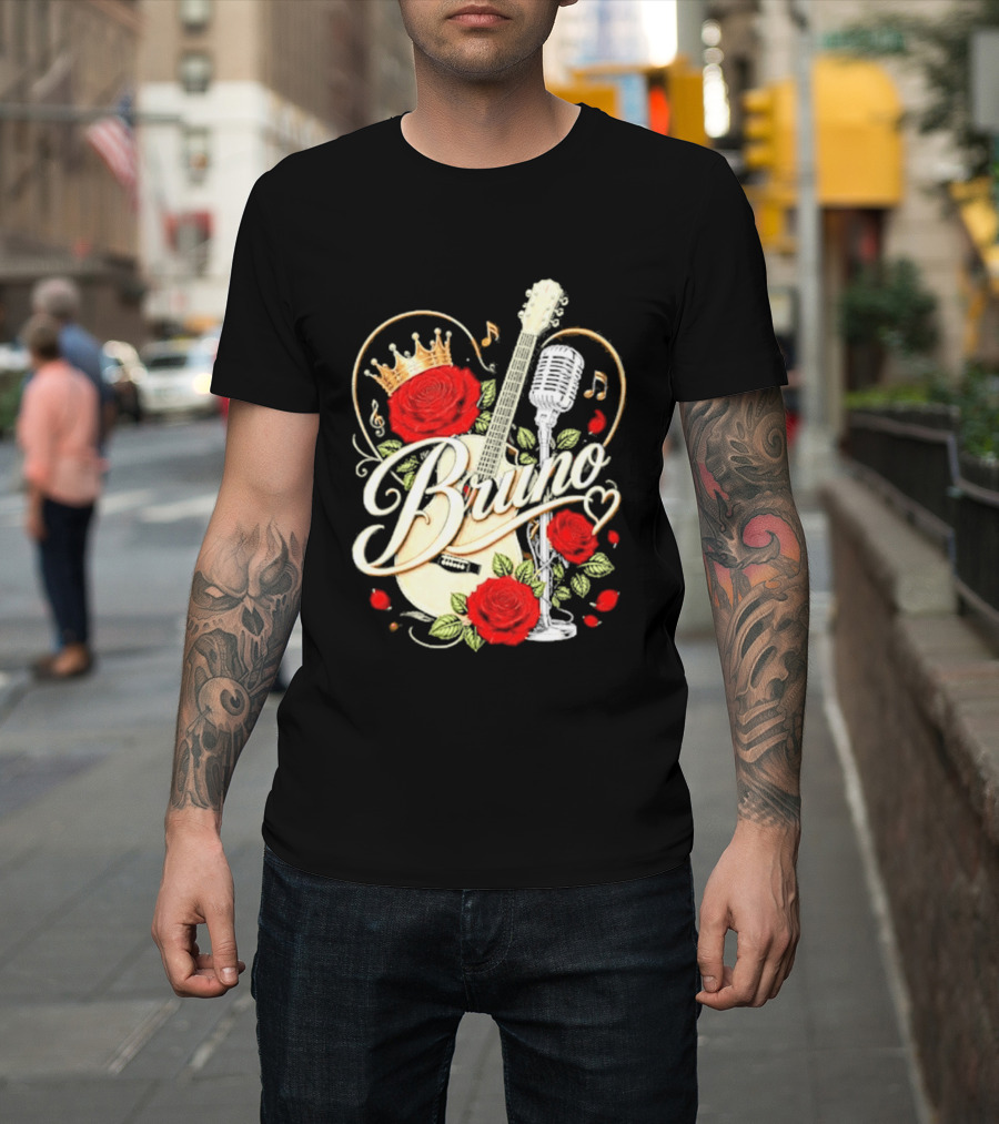 Bruno Rose Crown Guitar And Microphone With Music Notes T-Shirt