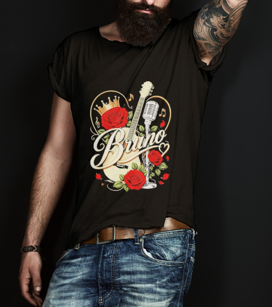 Bruno Rose Crown Guitar And Microphone With Music Notes T-Shirt