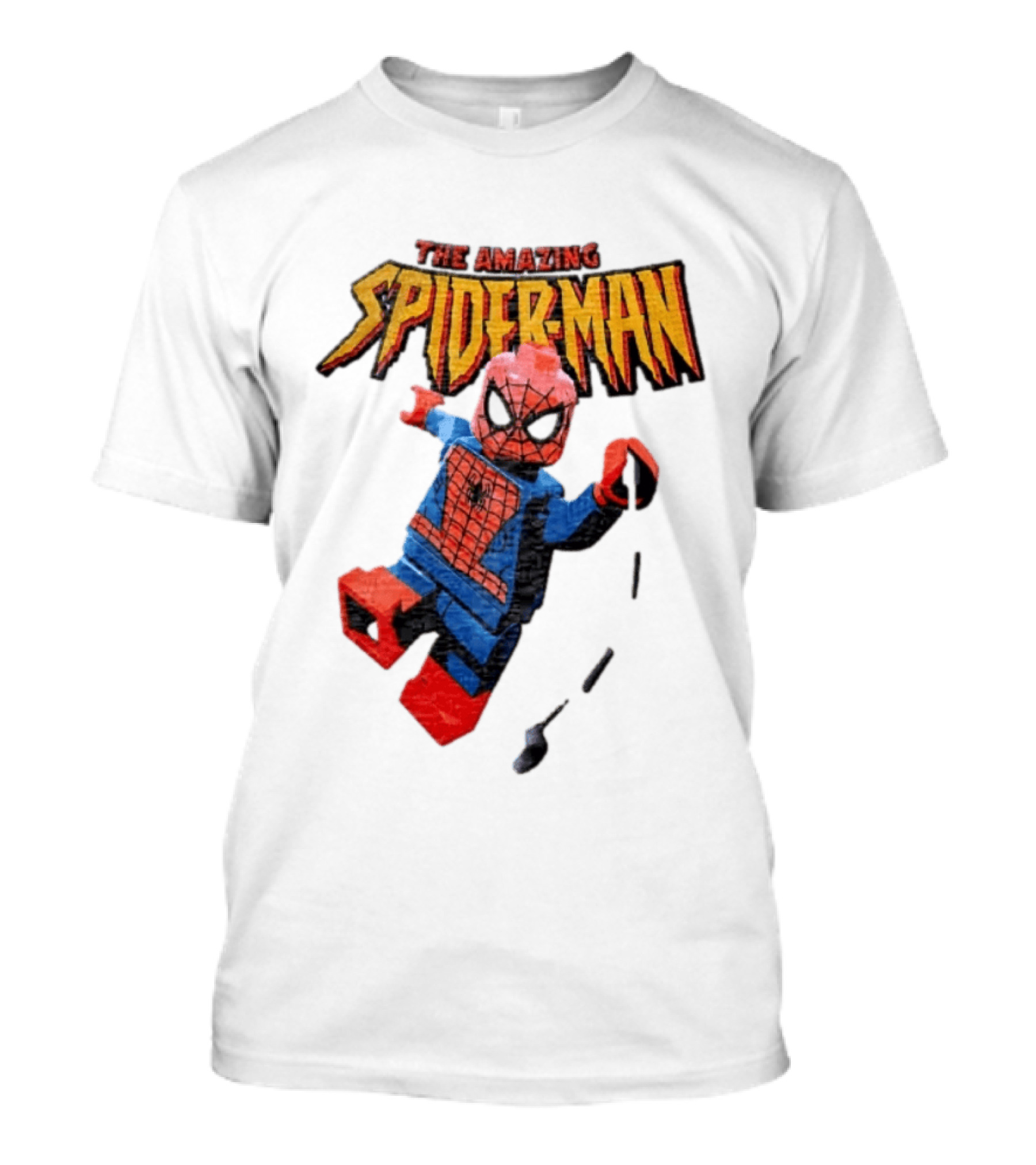 Spider Man The Amazing Lego Minifigure Swinging On Web Iconic Marvel Hero T-Shirt