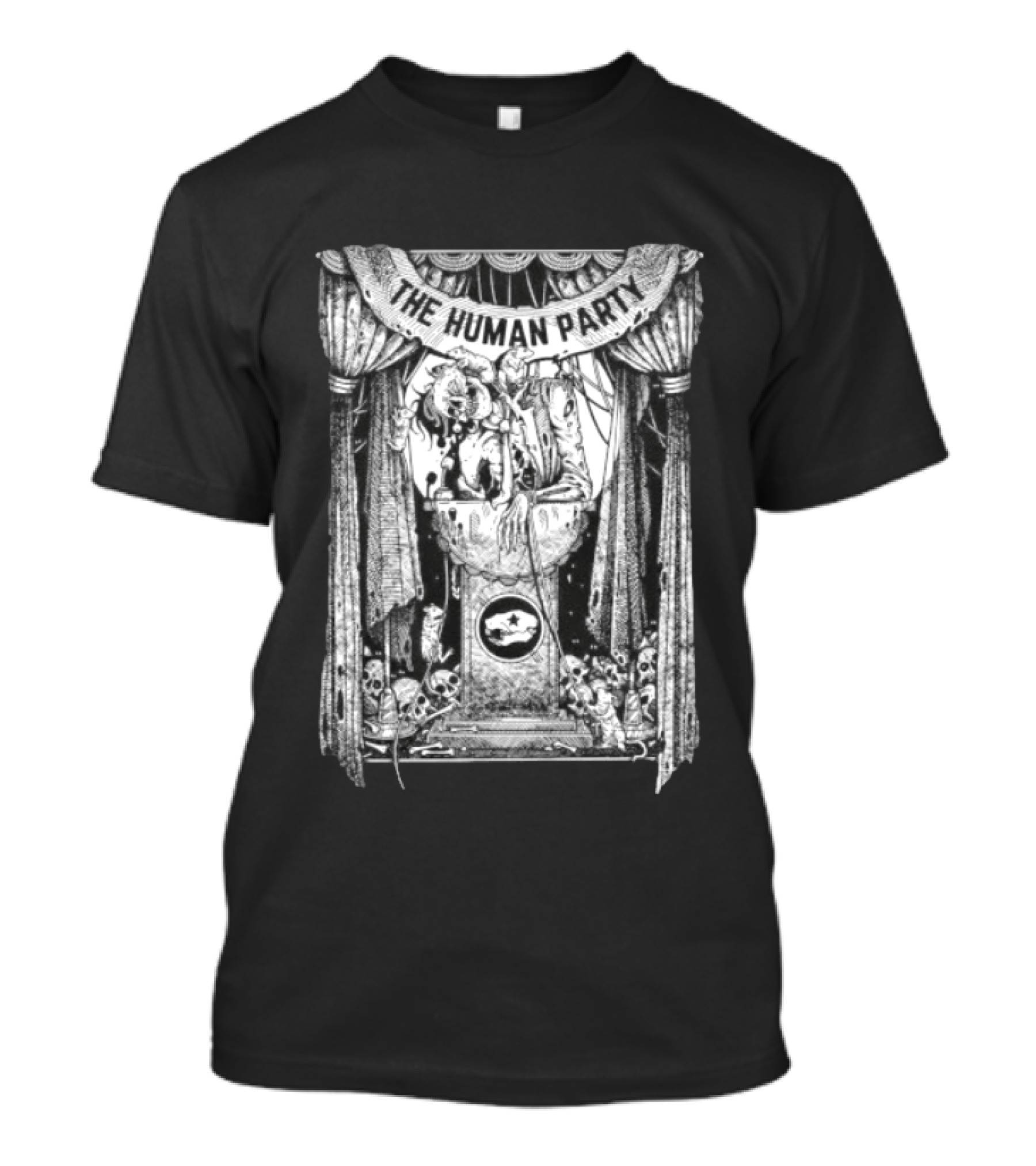 The Human Party Macabre Skeleton Dark Gothic Stage Curtain Scene T-Shirt