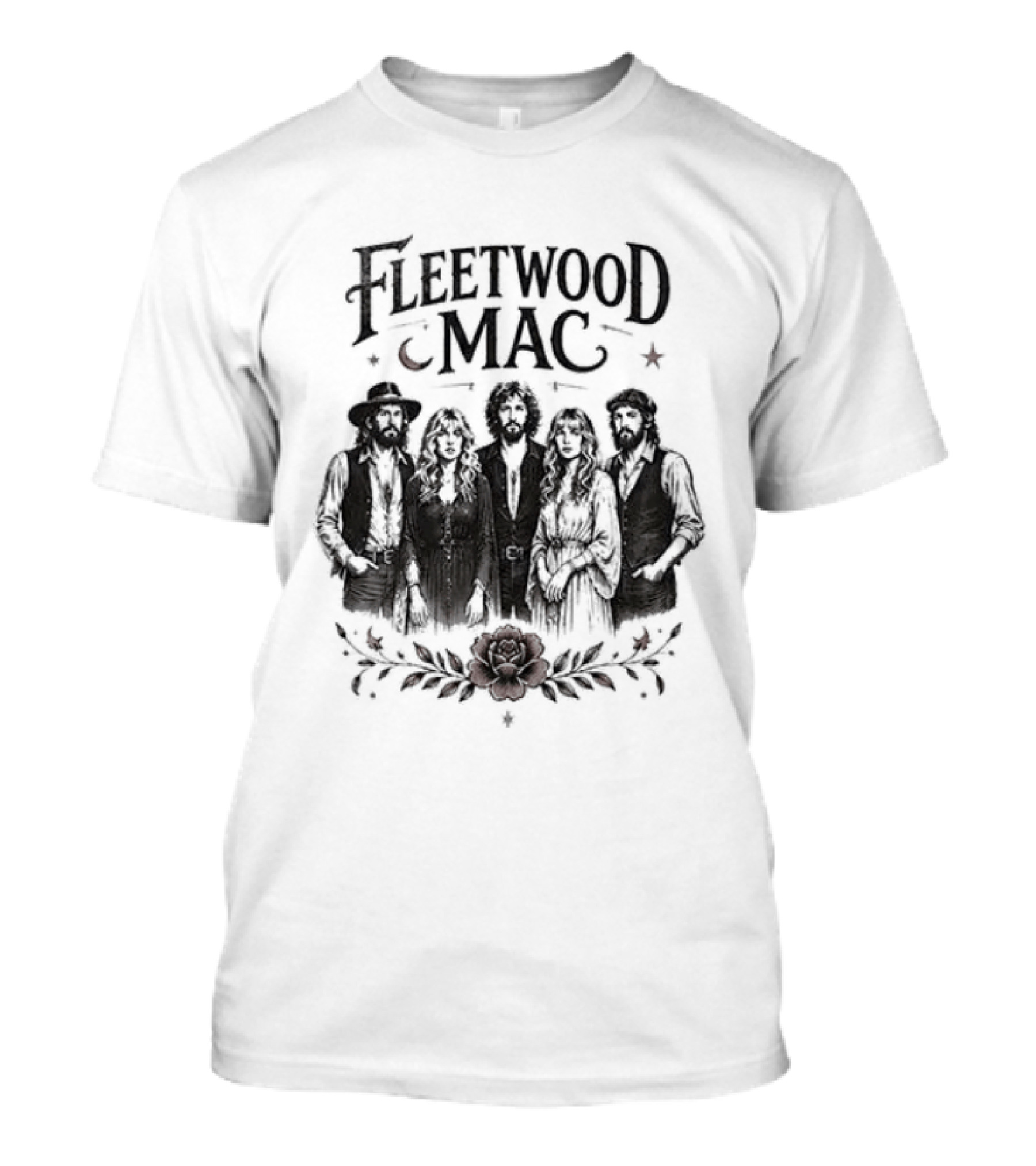 Fleetwood Mac Moonlit Harmony Silhouette With Crescent Moon And Floral Accents T-Shirt