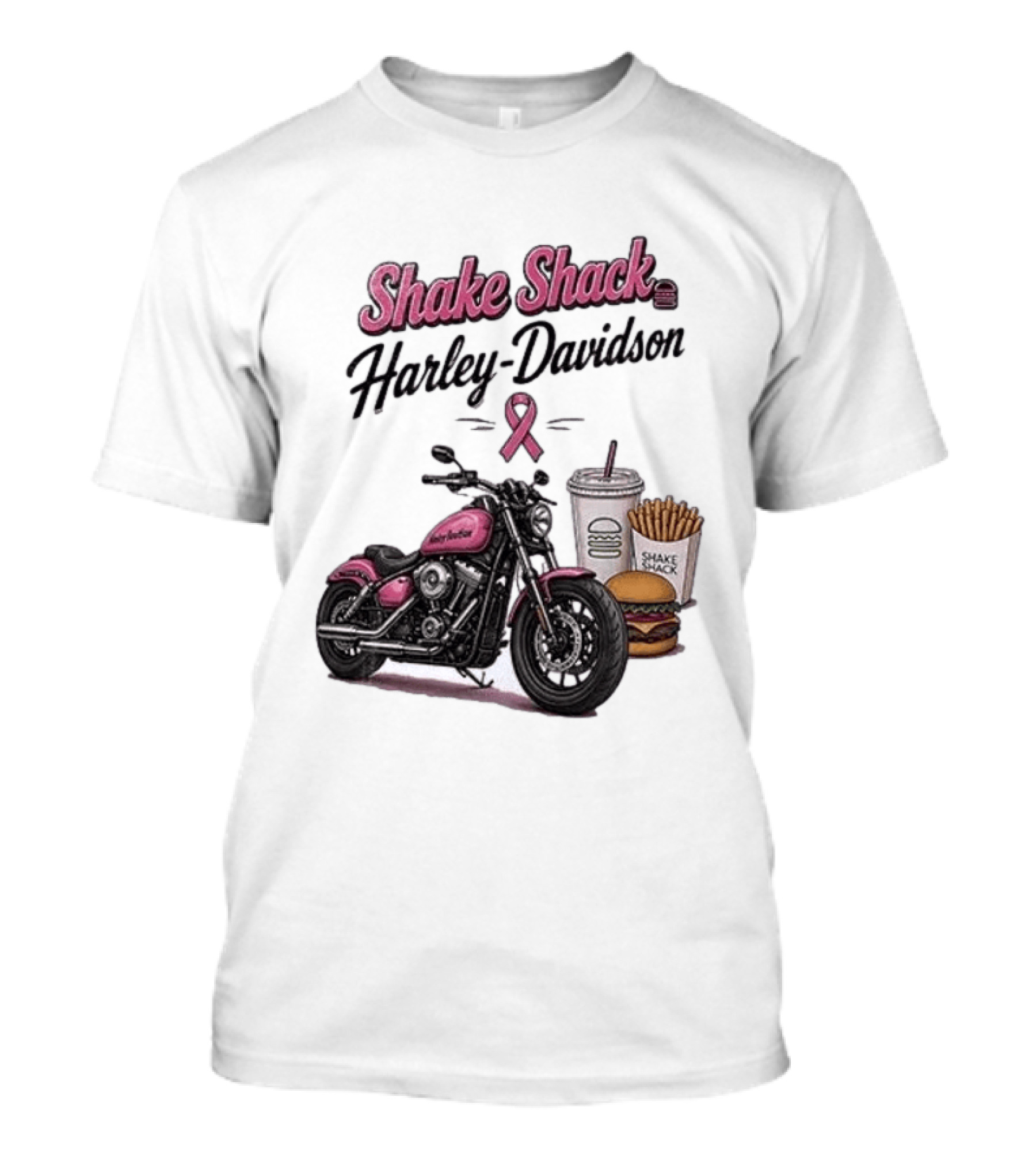 Shake Shack Harley Davidson Pink Ribbon Burger Fries Breast Cancer Awareness Month T-Shirt