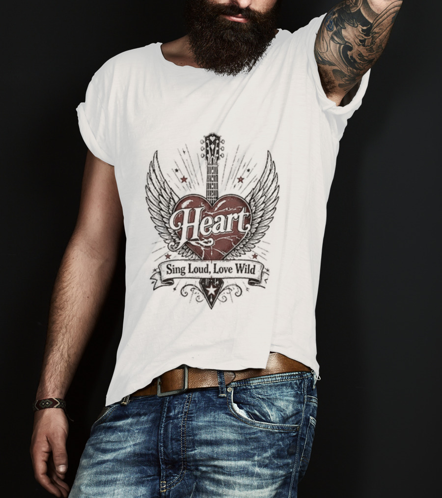 Heart Sing Loud Love Wild Wings Guitar T-Shirt