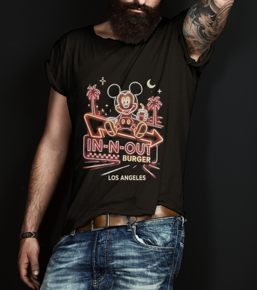 Mickey Mouse In N Out Burger Neon Los Angeles Palm Trees T-Shirt