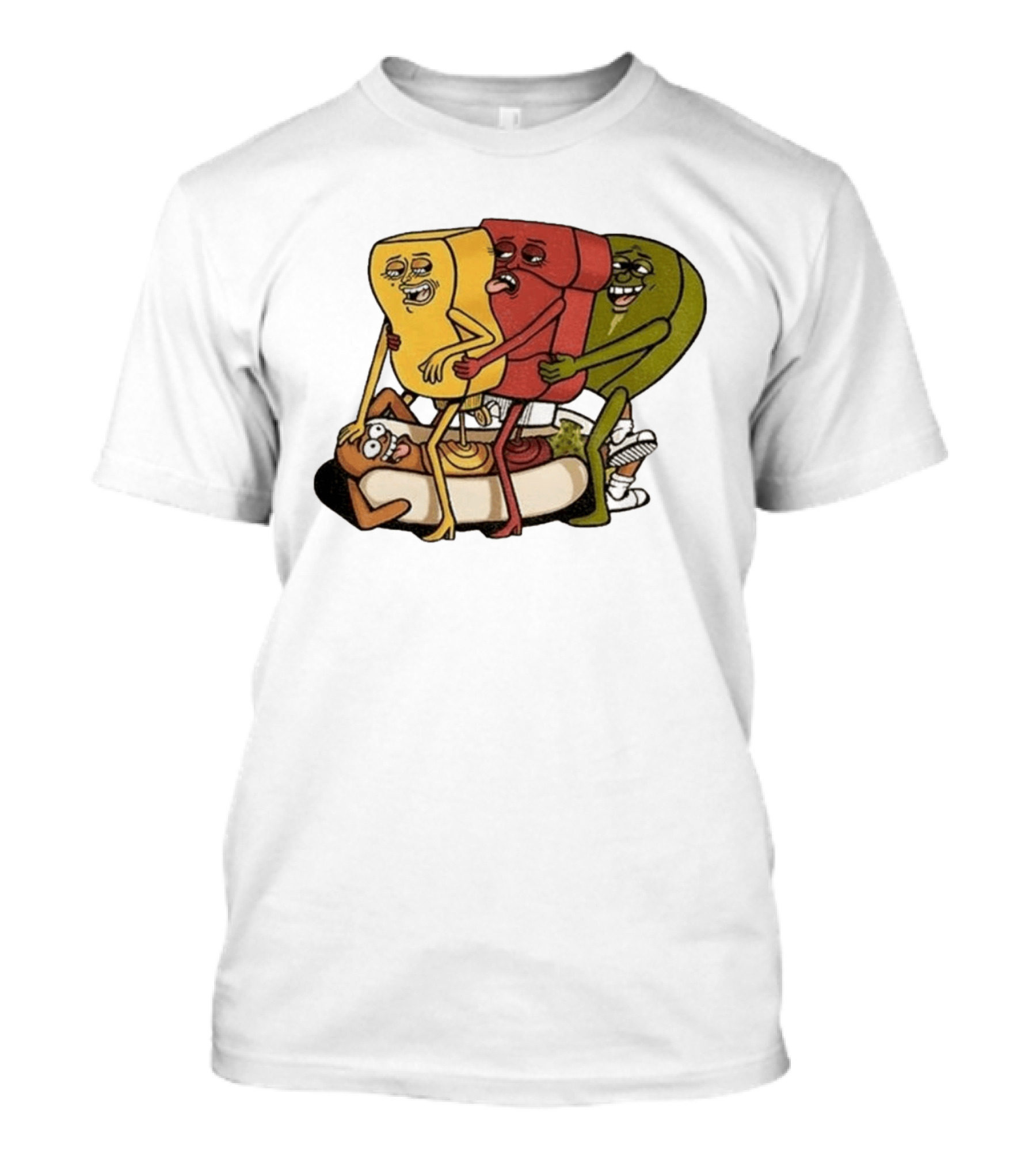 Hot Dog Topped With Mustard Ketchup And Relish Cartoon Characters T-Shirt