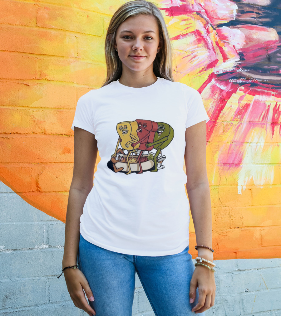 Hot Dog Topped With Mustard Ketchup And Relish Cartoon Characters T-Shirt