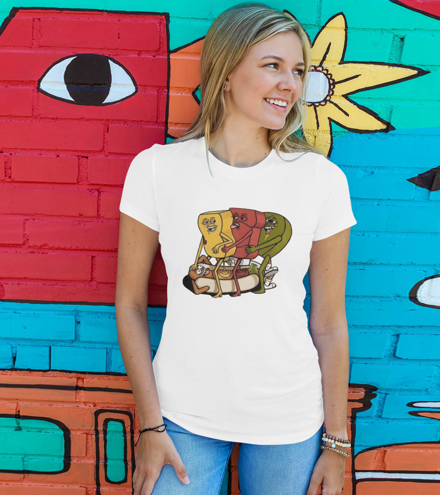 Hot Dog Topped With Mustard Ketchup And Relish Cartoon Characters T-Shirt