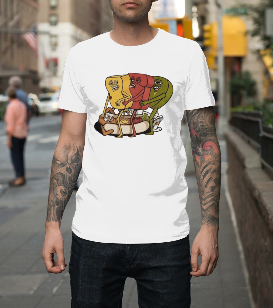 Hot Dog Topped With Mustard Ketchup And Relish Cartoon Characters T-Shirt