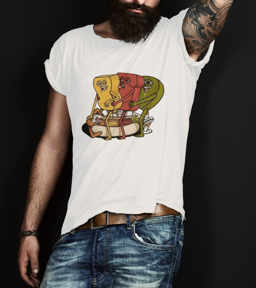Hot Dog Topped With Mustard Ketchup And Relish Cartoon Characters T-Shirt