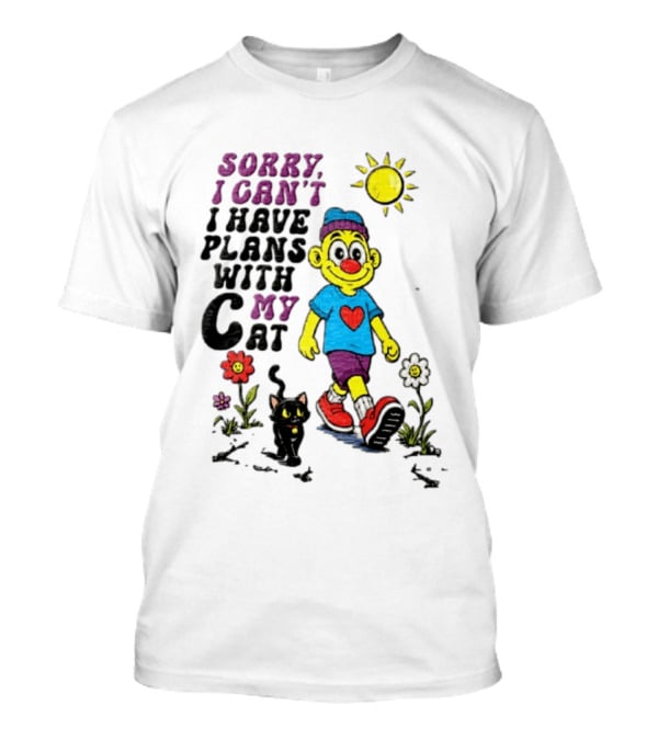 Sorry I Can't I Have Plans With My Cat Cartoon Yellow Figure Walking Sunflowers T-Shirt