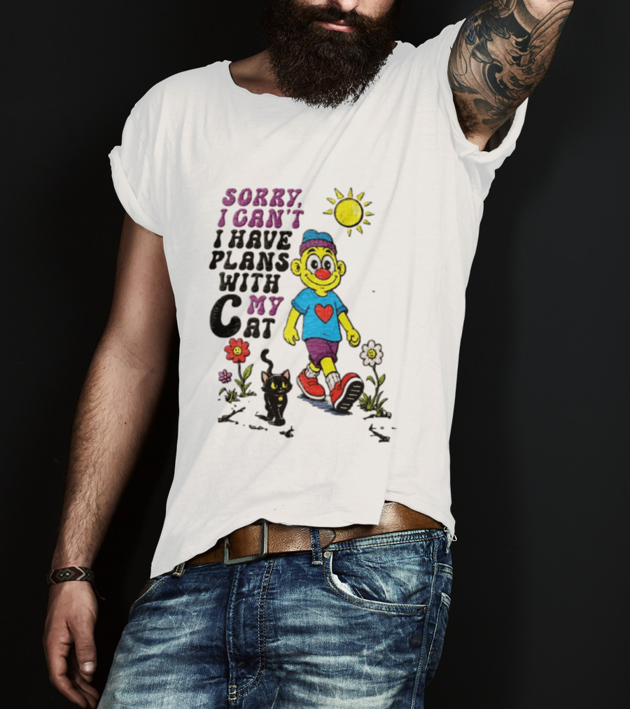 Sorry I Can't I Have Plans With My Cat Cartoon Yellow Figure Walking Sunflowers T-Shirt