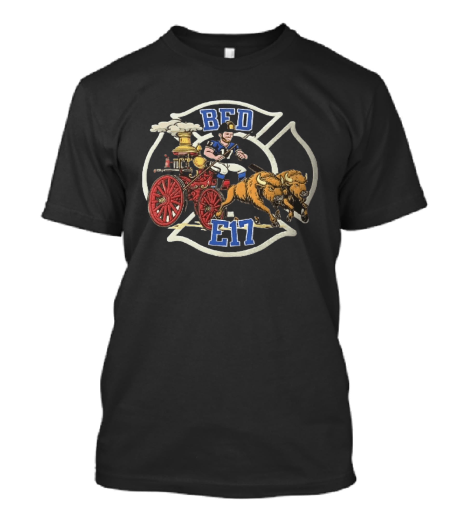 Josh Allen BFD E17 Firefighter Cartoon Driving Bison Engine 17 T-Shirt