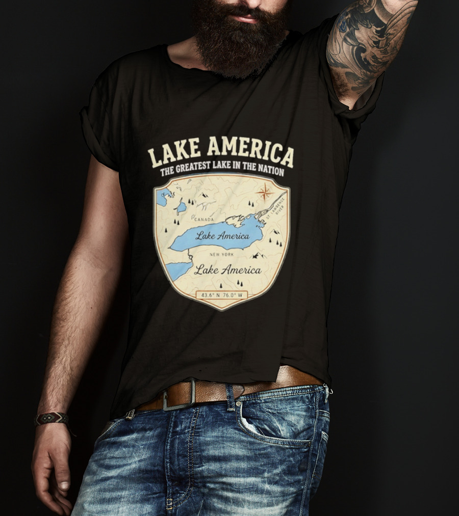 Lake America The Greatest Lake In The Nation Map Compass Cream T-Shirt