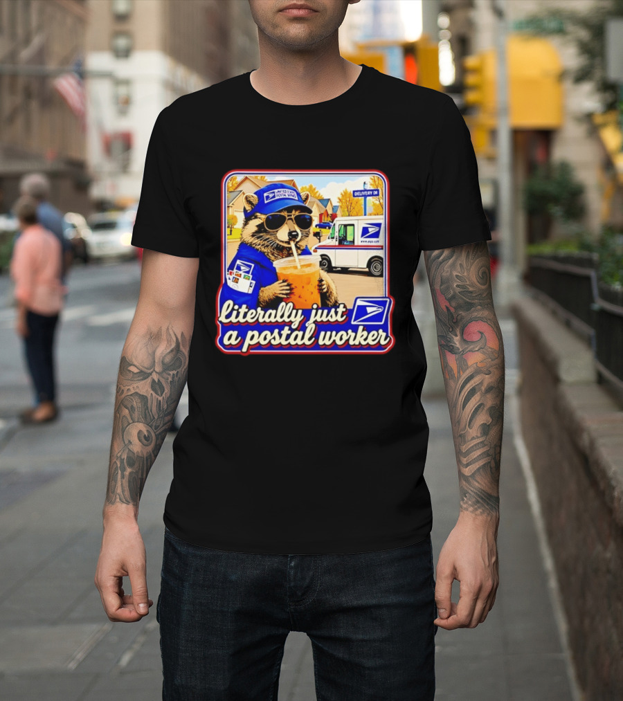Literally Just A Postal Worker Raccoon With USA Postal Service Mail Truck Delivery Scene T-Shirt
