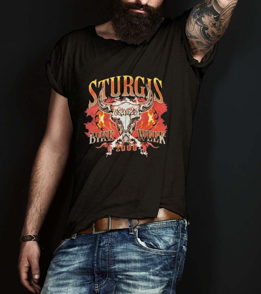 Sturgis Bike Week 2008 Flaming Bull Skull T-Shirt