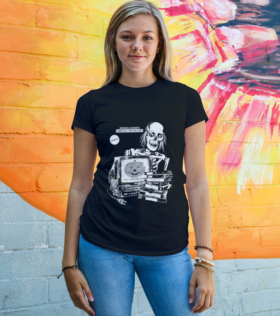 Ghouls And Ghosts 24hr Horrorathon Skeleton With TV And Pumpkin T-Shirt