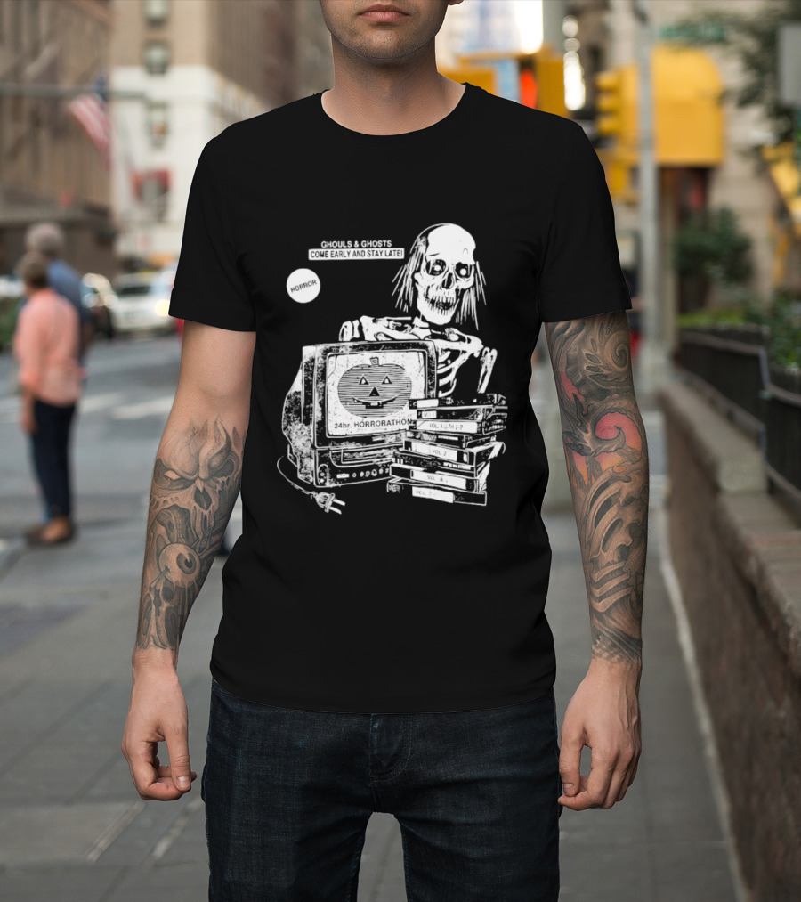 Ghouls And Ghosts 24hr Horrorathon Skeleton With TV And Pumpkin T-Shirt