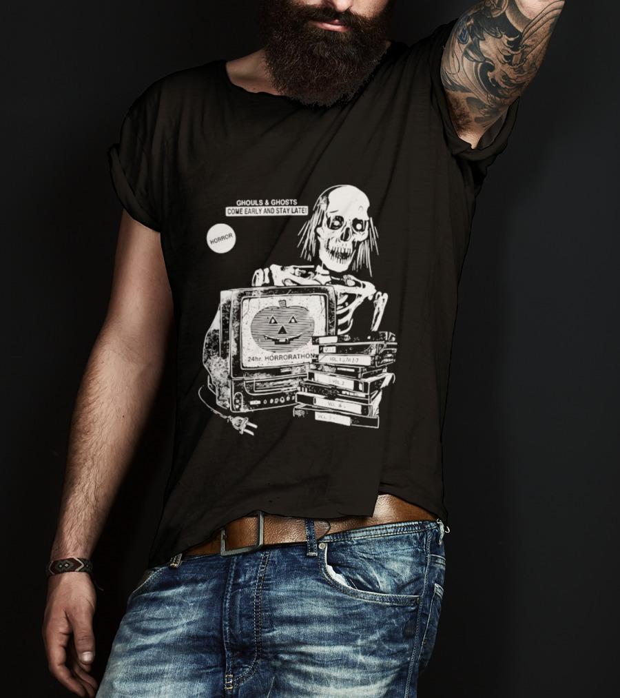 Ghouls And Ghosts 24hr Horrorathon Skeleton With TV And Pumpkin T-Shirt