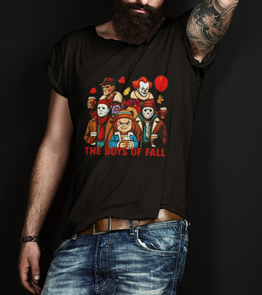 The Boys Of Fall Horror Movie Villains Holding Coffee Autumn Leaves Cartoon Balloons T-Shirt