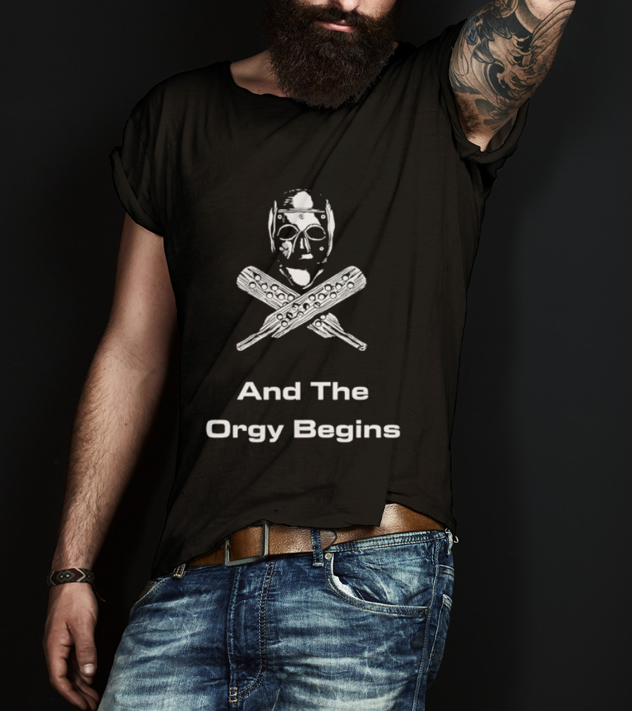 And The Orgy Begins Horror Cult Classic Hockey Mask Crossed Bats T-Shirt