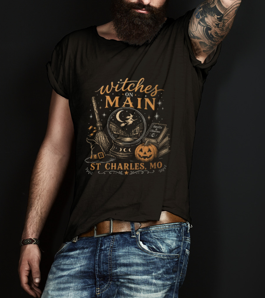 Witches On Main St Charles MO Halloween Broomstick Crystal Ball Pumpkin T-Shirt
