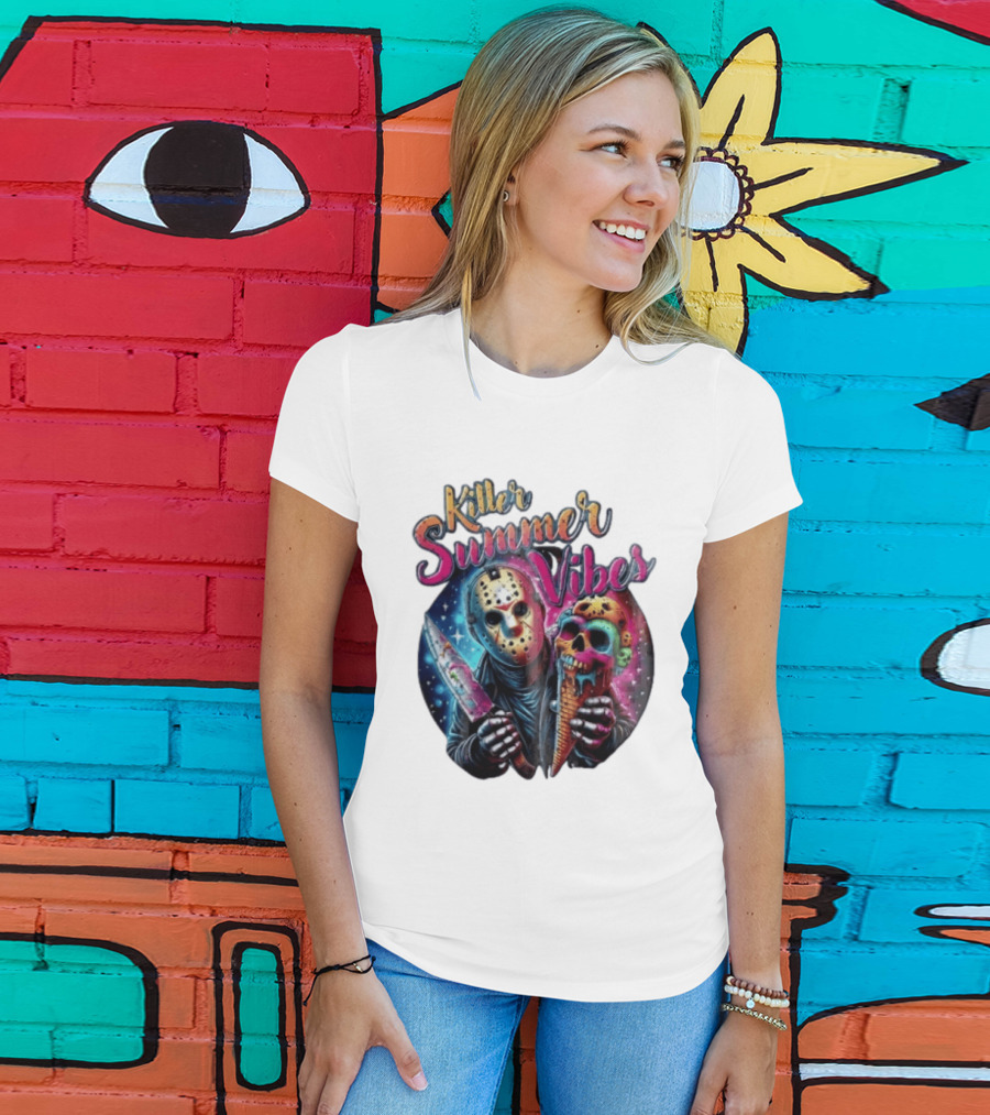 Killer Summer Vibes Hockey Mask Slasher Knife Skull Ice Cream Cone Cosmic T-Shirt