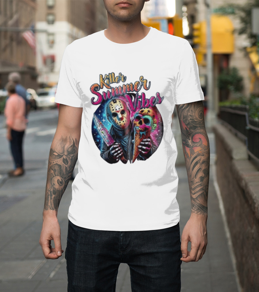 Killer Summer Vibes Hockey Mask Slasher Knife Skull Ice Cream Cone Cosmic T-Shirt