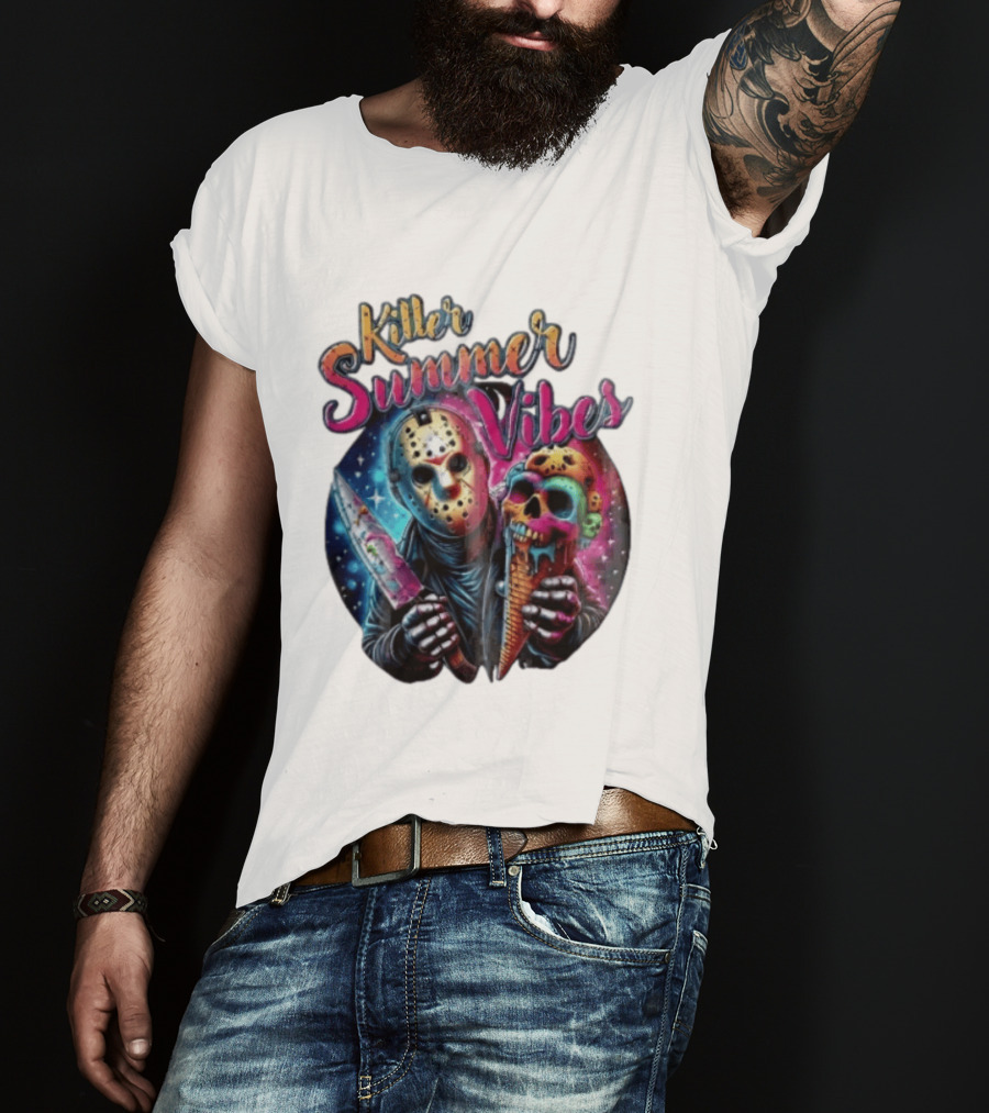 Killer Summer Vibes Hockey Mask Slasher Knife Skull Ice Cream Cone Cosmic T-Shirt